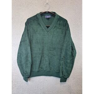 Sigallo Sweater Mens Large Green Textured Knit Acrylic Ribbed Hem Classic V Neck